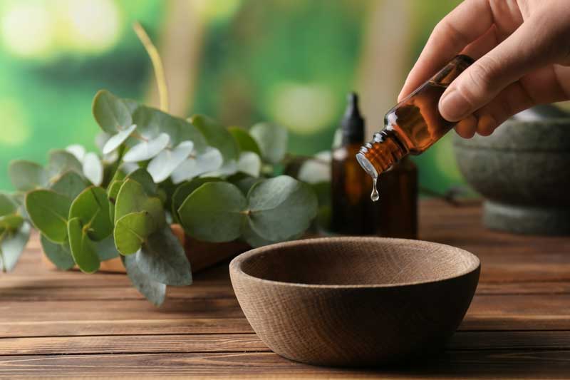 Aromatherapy image of essential oil being poured into a bowl with a stem of eucalyptus.
